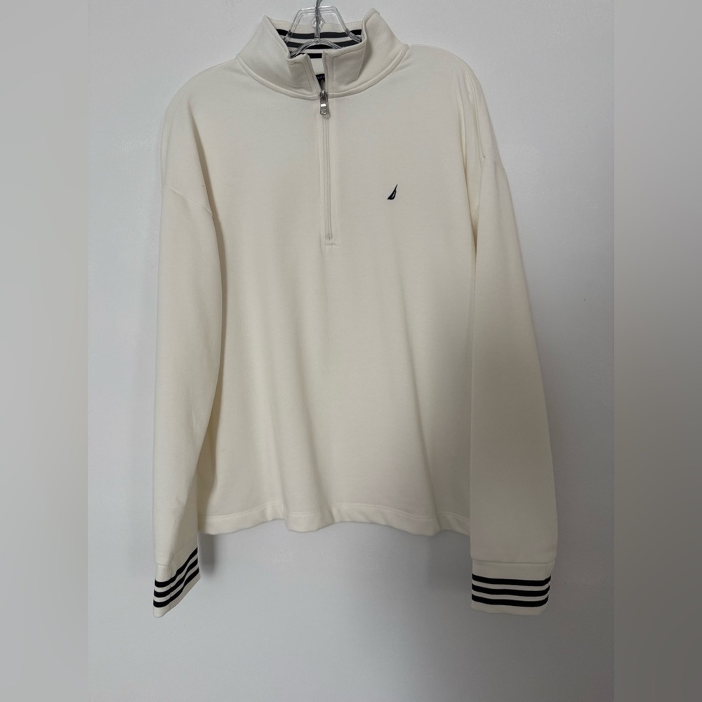 Nautical Cream Quarter-Zip sweatshirt with Navy Accents NWOT